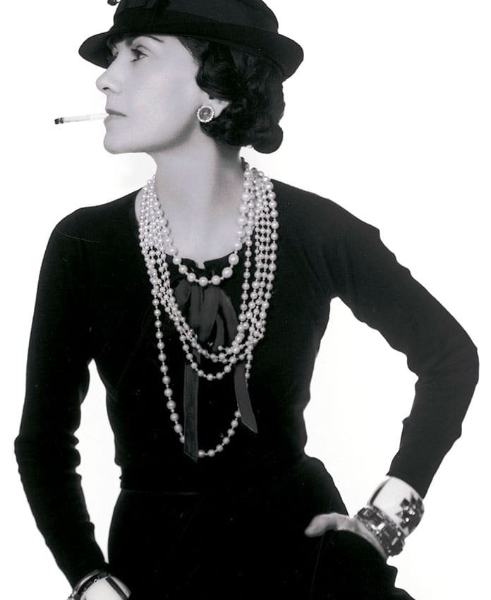 Collares: guía de estilo Valentina Falchi. Coco Chanel luce collares de perlas largo opera. Ejemplo de cómo elegir el largo de collar perfecto según tu look diarios